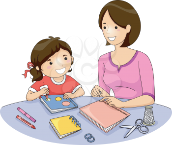 Illustration of a Mother Teaching Her Daughter How to Make a Book
