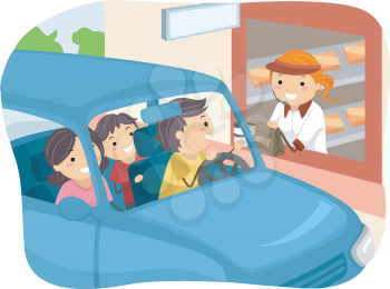 Stickman Illustration of a Family Getting Food at a Drive Thru Restaurant