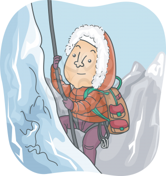Illustration of a Mountain Climber Trekking a Snowy Mountain