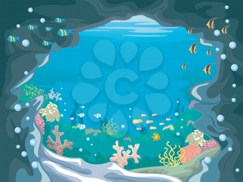 Scenic Illustration of an Underwater Cave with Colorful Fishes Swimming About