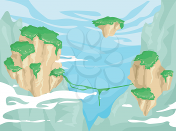 Illustration of Floating Islands with Lush Vegetation on Top