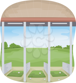 Illustration of a Covered Driving Range with Golf Balls Strewn Around