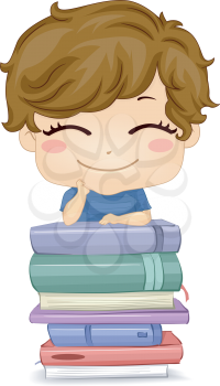 Illustration of a Little Boy Posing in Front of a Pile of Books