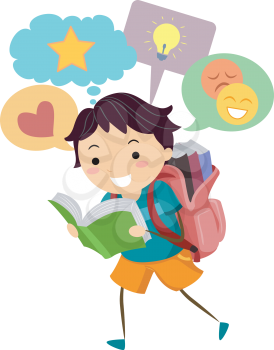 Illustration of a Little Boy With Speech Bubbles Appearing on Top of His Head While He Reads