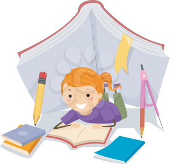 Stickman Illustration of a Little Girl Studying Under a Tent Made from School Supplies