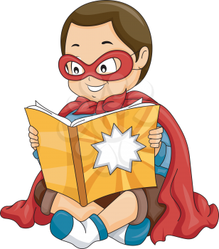 Illustration of a Little Boy Dressed as a Superhero Reading a Comic Book