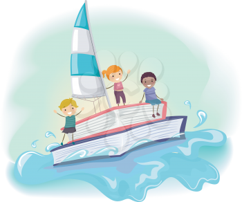 Stickman Illustration of Kids Riding a Boat Made from a Book