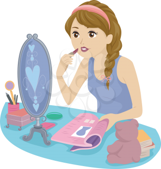 Illustration of a Teenage Girl Using a Magazine to Learn How to Apply Lipstick