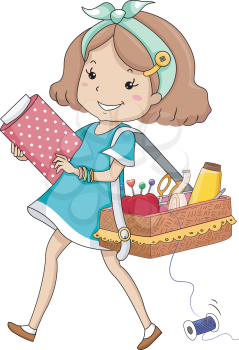 Illustration of a Little Girl Carrying a Sewing Kit