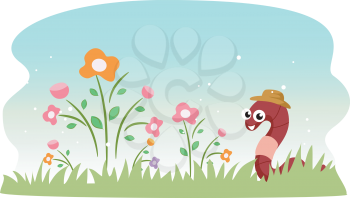 Illustration of a Cute Earthworm in a Garden Filled with Flowers