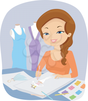 Illustration of a Female Fashion Designer Drawing on Her Sketchpad