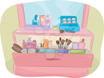 Illustration of a Pink Dresser Full of Beauty Products