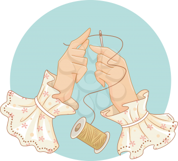 Retro Illustration of a Woman Passing a String of Thread Through a Needle