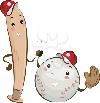 Mascot Illustration of a Baseball and a Bat Giving High Fives to Each Other