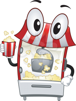 Mascot Illustration of a Popcorn Machine handling a bucket of popcorn