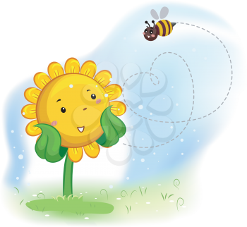 Mascot Illustration of a Sunflower Enjoying the bees