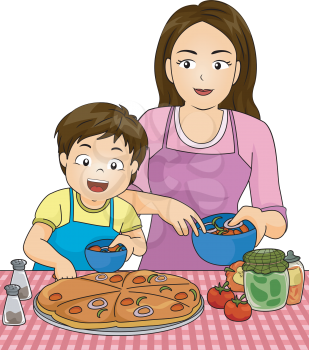 Illustration of a Boy with his Mom while making pizza together