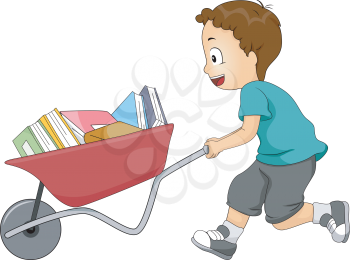 Illustration of a Boy Pushing a Wheelbarrow Loads of Book On Sale