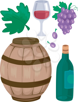 Illustration of Red Wine, Barrel, Grapes and Wine Bottle