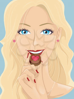 Illustration of a Lovely Blonde Girl Eating a Dark Chocolate