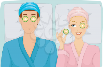Illustration of a Woman peeping on her Man next to her in a Spa