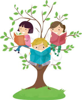 Stickman Illustration of Kids Reading Books While Sitting on Tree Branches