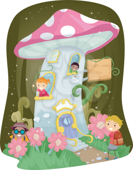 Stickman Illustration of Kids Playing in a Mushroom House