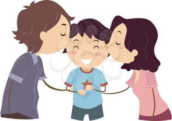 Stickman Illustration of Husband and Wife Kissing Their Son