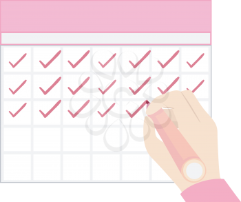 Illustration of a Hand Holding a Marker Marking Checks on Blank Calendar Template