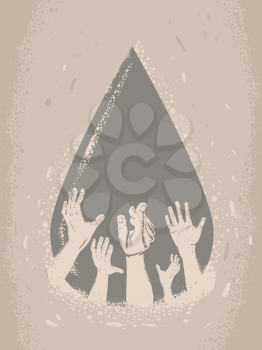 Illustration of Water Drop with Hands Holding Their Hands Up. Water Crisis