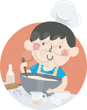 Illustration of a Kid Boy Wearing Pastry Chef Hat and Mixing Ingredients in a Bowl