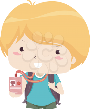 Illustration of a Kid Boy Wearing Back Pack and Flashing His Identification Card