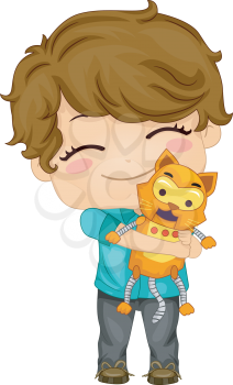 Illustration of a Kid Boy Carrying and Hugging a Pet Cat Robot