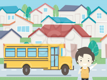 Illustration of a Kid Boy Ready Waving with a School Bus and Several Houses Behind