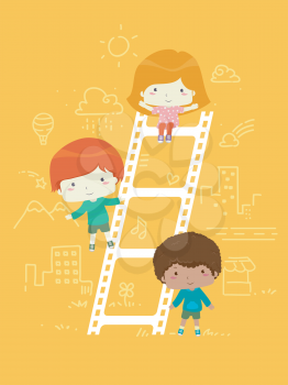 Illustration of Kids Standing with a Ladder Made from Film for Movies