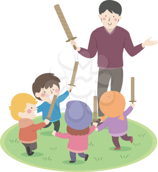 Illustration of Kids Holding Wooden Sword Playing Medieval Times with Teacher