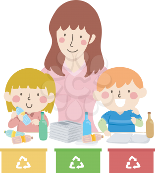 Illustration of a Teacher Teaching Kids Recycling in Glass Using Different Containers for Sorting