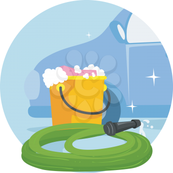 Illustration of Household Chores, Washing Car, with a Car, Pail Full of Soapy Water and Hose