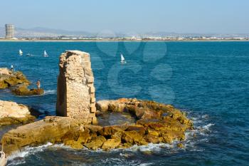 Remains of fortress walls of the Acre and the Mediterranean Sea