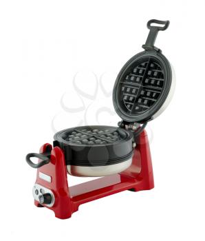 Kitchen appliances - red waffle-iron with a raised lid, isolated on a white background