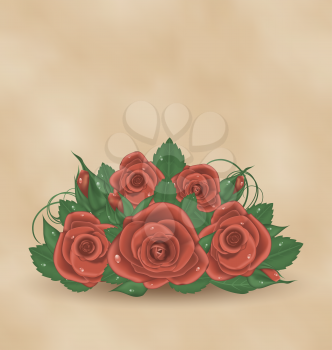 Illustration vintage cute card with bouquet roses - vector
