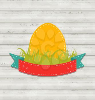 Illustration vintage label with Easter egg on wooden background - vector