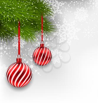 Illustration Christmas background with hanging glass balls and fir branches - vector