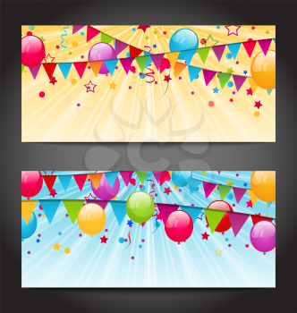 Illustration abstract banners with colorful balloons, hanging flags and confetti - vector