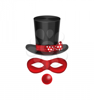 Illustration accessories for clown - hat, mask, red nose are isolated on white background - vector