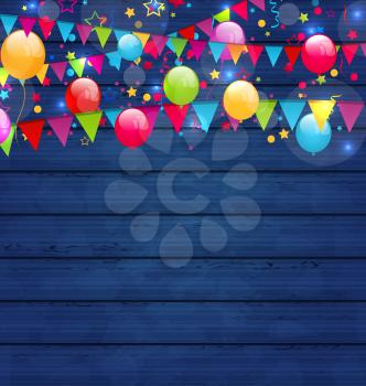 Illustration wooden holiday background with multicolored  balloons and hanging flags, place for your text - vector