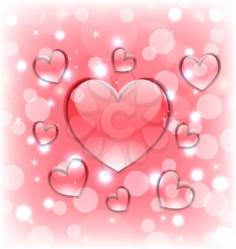 Illustration shimmering background with glassy hearts for Valentine Day - vector