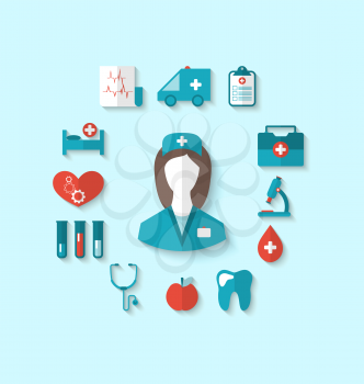 Illustration set modern flat icons of nurse and medical objects, simple style with long shadow - vector