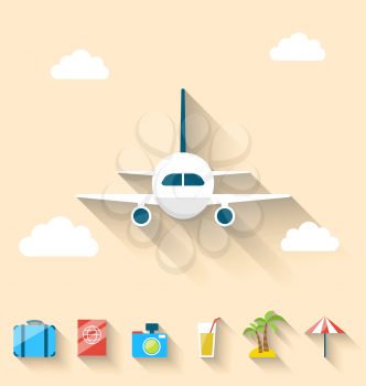 Illustration flat set icons of planning summer vacation, simple style with long shadow - vector