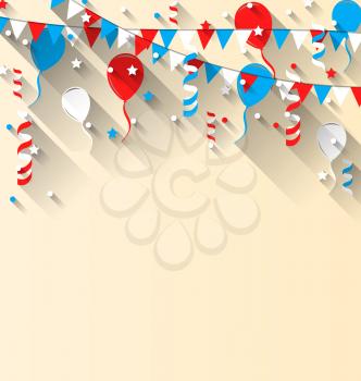 Illustration American patriotic background with balloons, streamer, stars and pennants, in US national colors, trendy flat style with long shadow style - vector